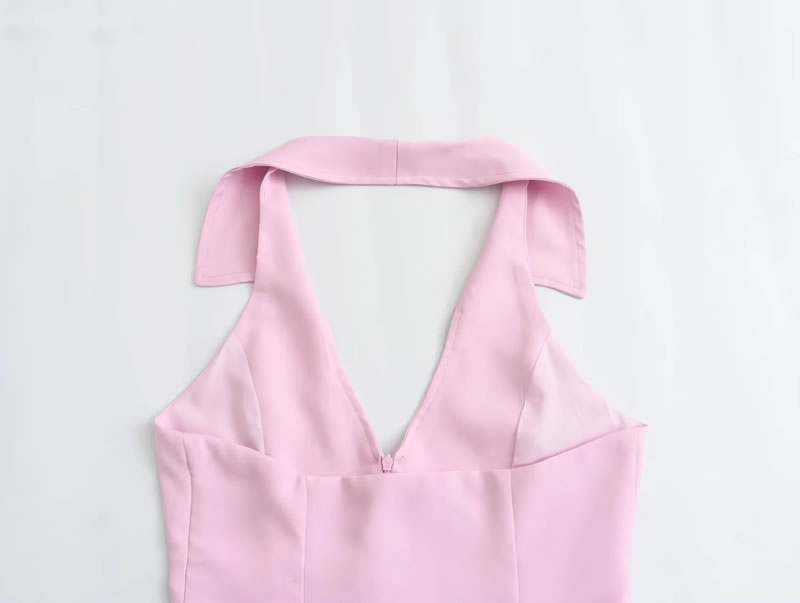 Fashion Pink Polyester Lapel Halter Top,T-shirts