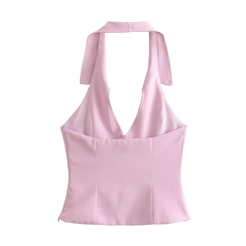 Fashion Pink Polyester Lapel Halter Top,T-shirts