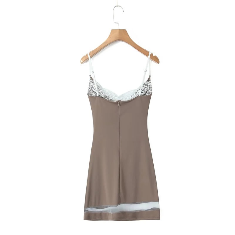 Fashion Coffee Color Polyester Lace Patchwork Cowl Neck Suspender Skirt,Mini & Short Dresses