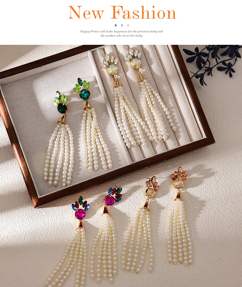 Fashion Green Alloy Diamond Drop Pendant Pearl Tassel Earrings (Alloy+rhinestone+pearl),Drop Earrings