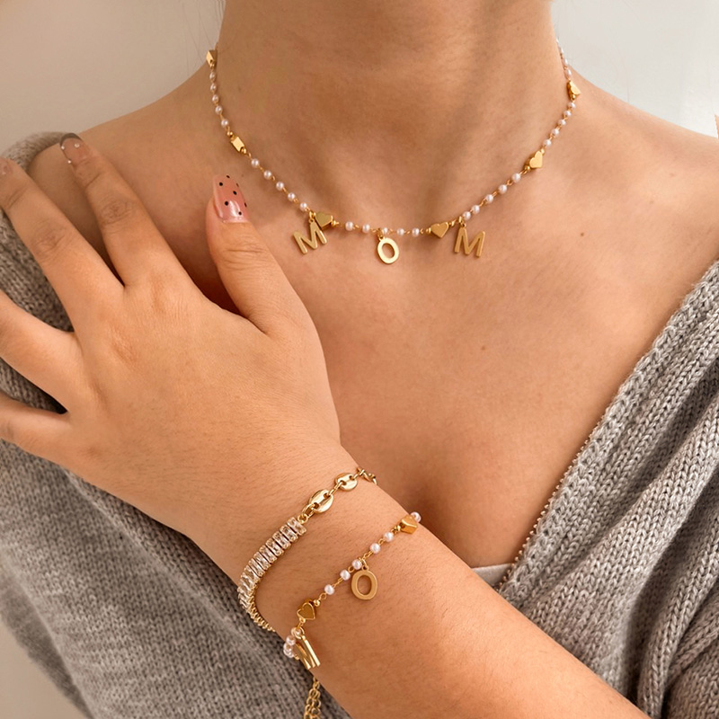 Fashion Golden 1 Copper Letters Mom Love Pendant Pearl Necklace,Necklaces