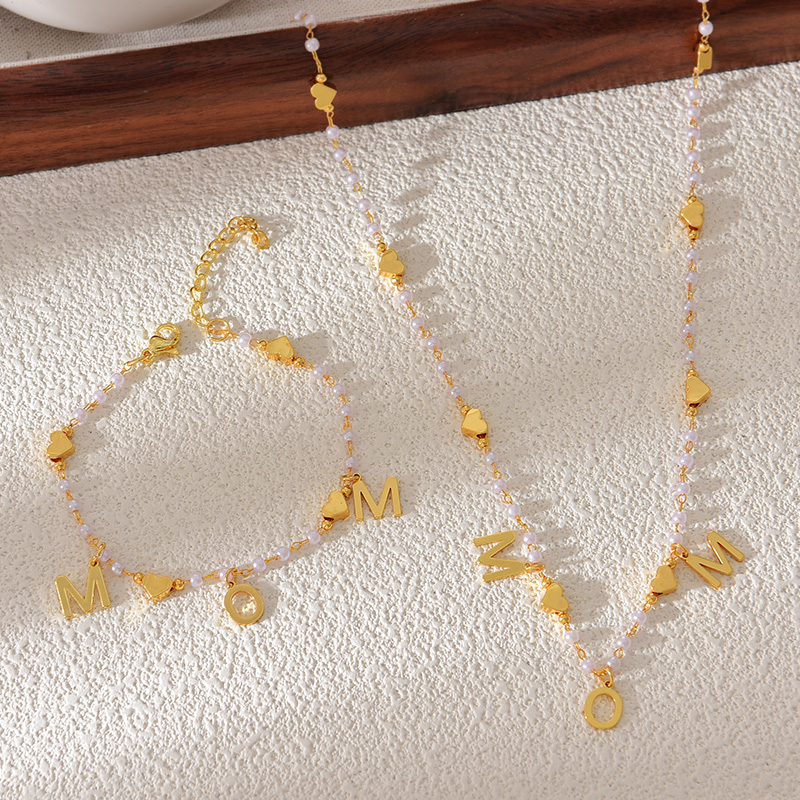 Fashion Golden 2 Copper Letters Mom Love Pendant Pearl Bracelet,Necklaces