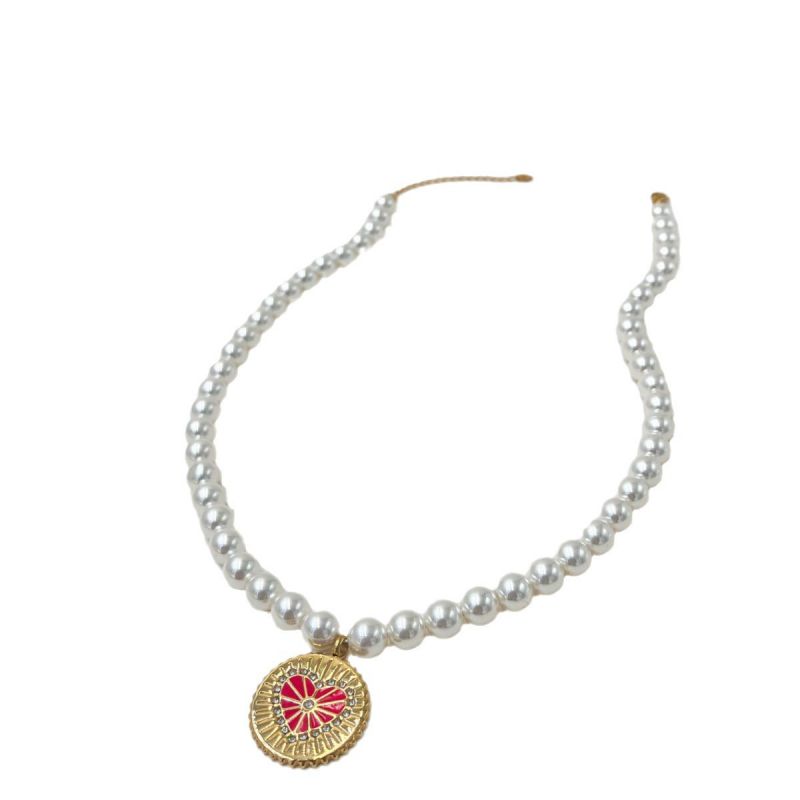 Fashion Red Pearl Beaded Diamond Heart Round Necklace,Pendants