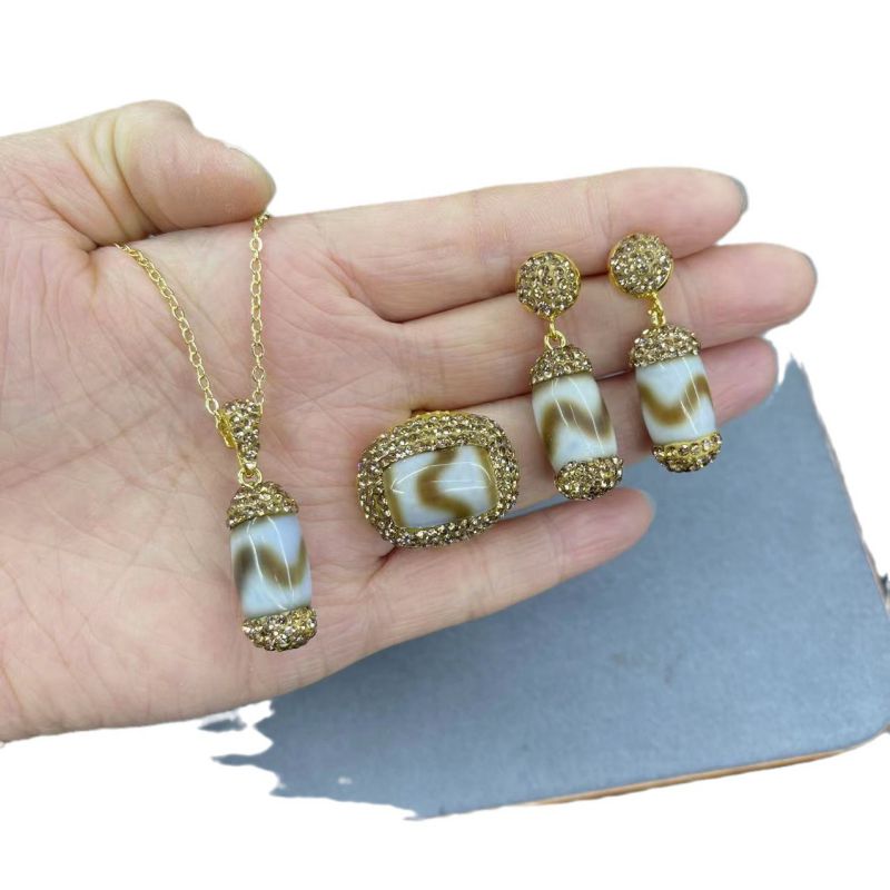 Fashion Gold Metal Geometric Agate Necklace Earrings Ring Set,Jewelry Sets