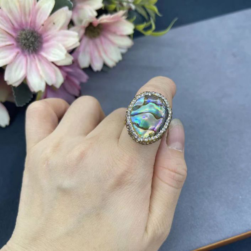 Fashion Ring Metal Diamond Oval Abalone Ring,Fashion Rings