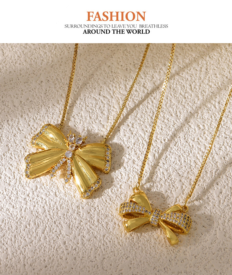 Fashion Golden 2 Copper Set Zirconia Bow Necklace,Necklaces