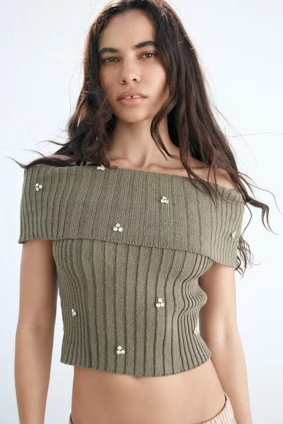 Fashion Green Jeweled Beaded Knitted Off-shoulder Top,Sweater