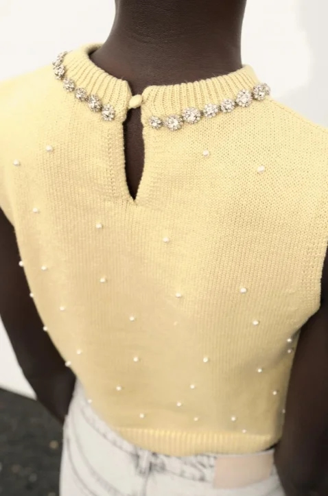 Fashion Yellow Polyester Jewelry-embellished Knit Top,Sweater