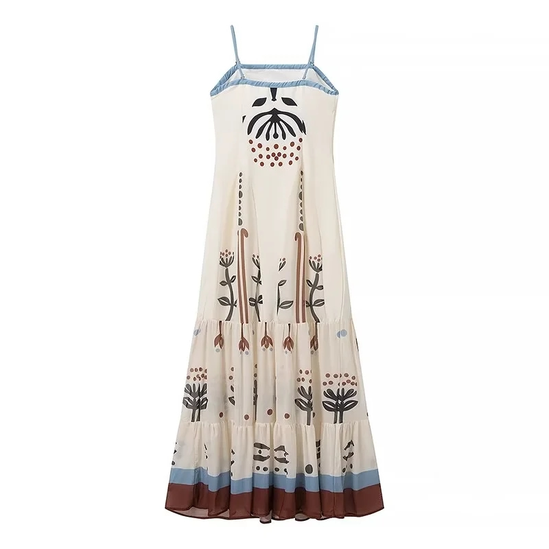 Fashion Cream Color Polyester Printed Suspender Skirt,Knee Length