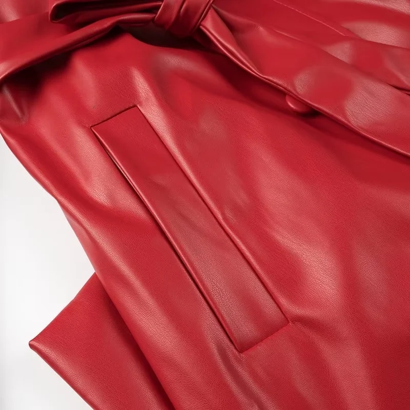 Fashion Red Polyester Lapel Lace-up Coat,Coat-Jacket