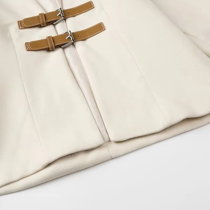 Fashion Beige Polyester Belt Buckle Jacket,Coat-Jacket