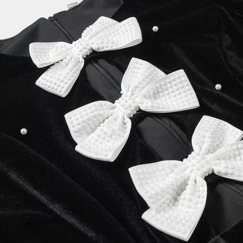 Fashion Black Velvet Diamond Bow Puff Sleeve Skirt,Mini & Short Dresses
