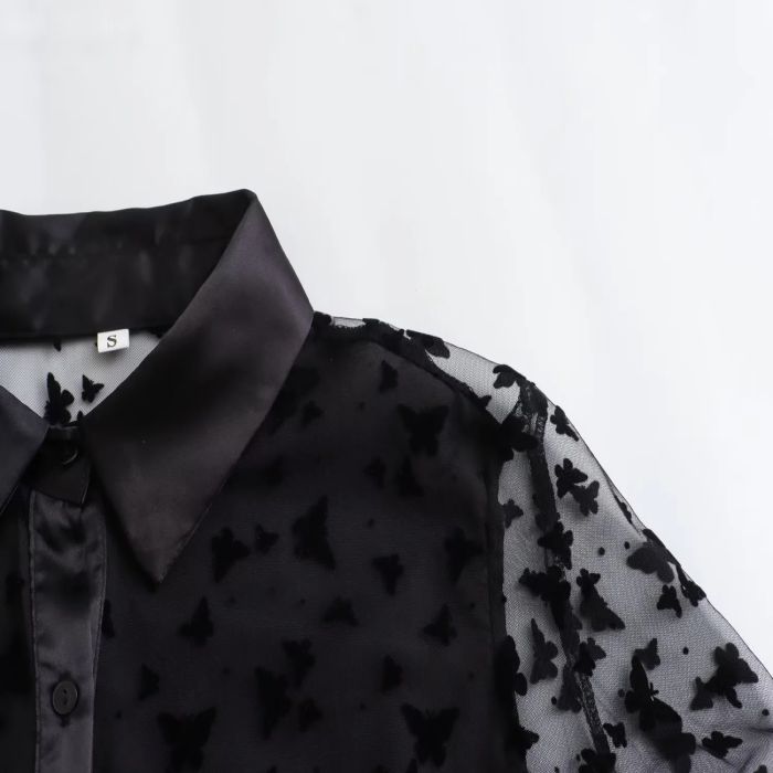 Fashion Black Polyester Printed Button-down Shirt,Blouses
