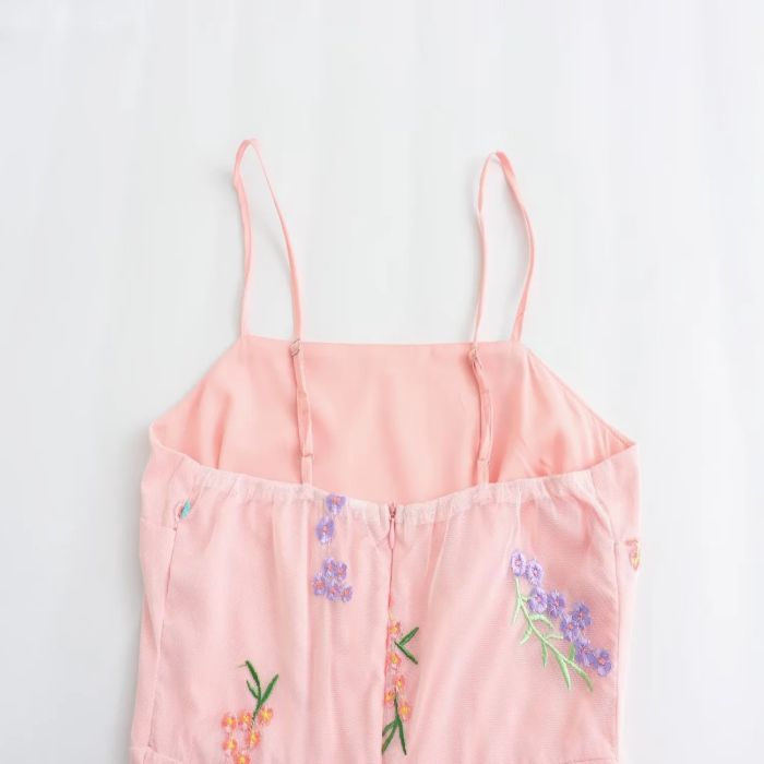 Fashion Pink Mesh Embroidered Suspender Skirt,Mini & Short Dresses