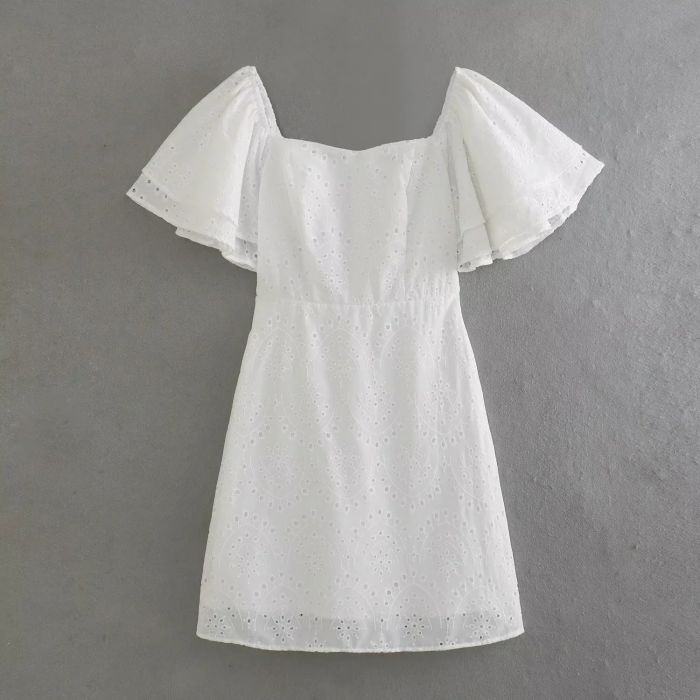 Fashion White Polyester One-shoulder Ruffled Embroidered Skirt,Mini & Short Dresses