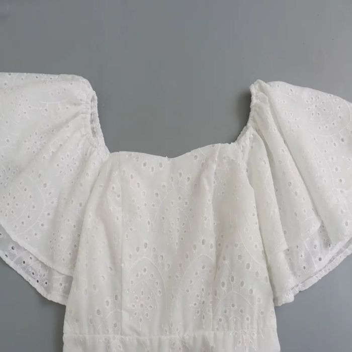 Fashion White Polyester One-shoulder Ruffled Embroidered Skirt,Mini & Short Dresses