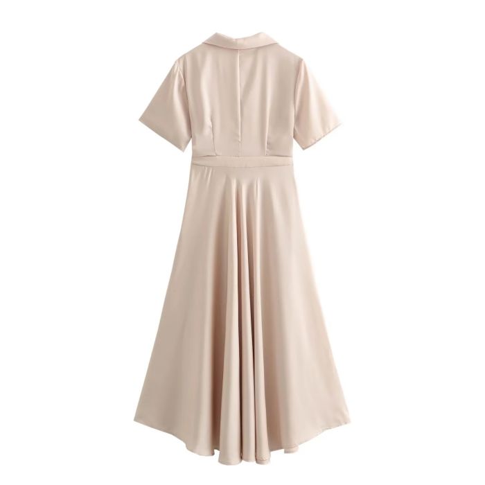 Fashion Pink Polyester Lapel Pleated Maxi Skirt,Long Dress