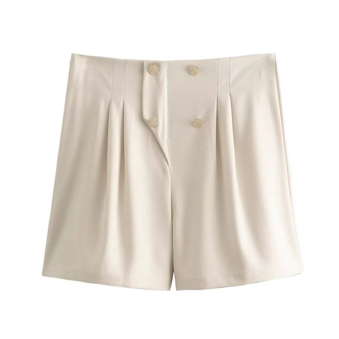 Fashion Apricot Polyester Buttoned Pleated Shorts,Shorts