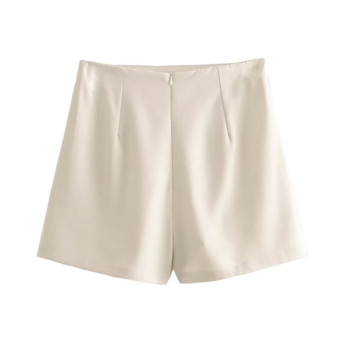 Fashion Apricot Polyester Buttoned Pleated Shorts,Shorts