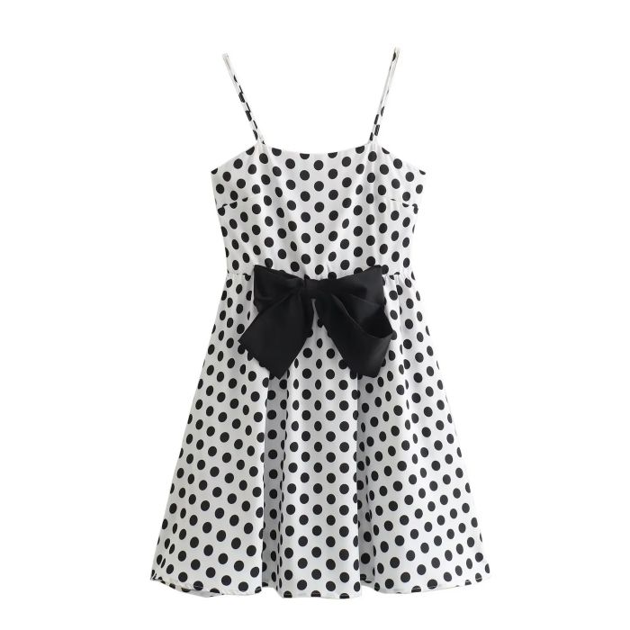 Fashion Black Polyester Bow-trimmed Polka-dot Suspender Skirt,Mini & Short Dresses
