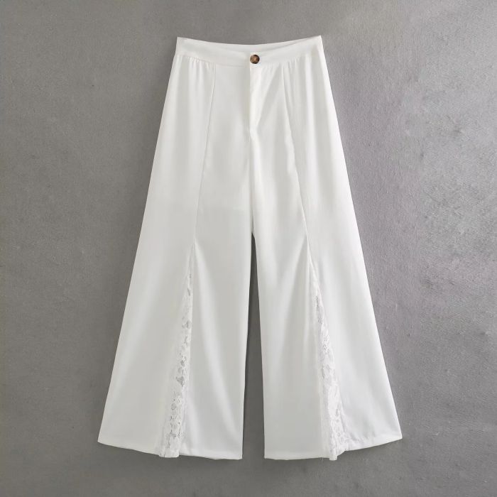 Fashion White Polyester Lace Straight Trousers,Pants