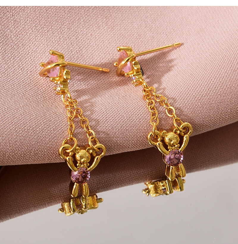Fashion Gold Copper Set Zircon Bear Pendant Chain Earrings,Earrings