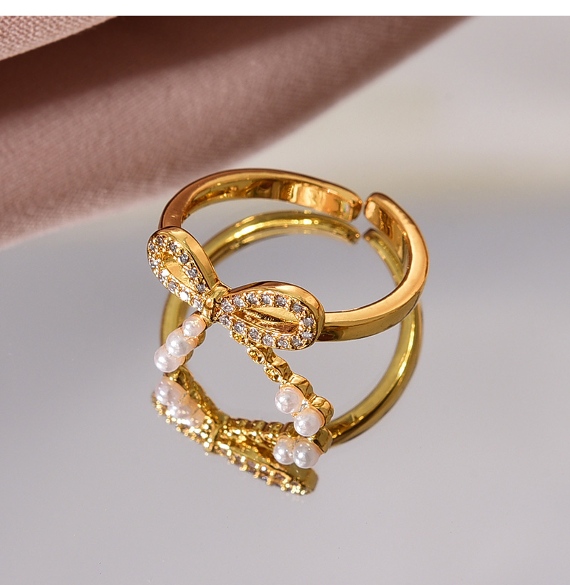 Fashion Gold Copper Set Zircon Pearl Bow Ring,Rings