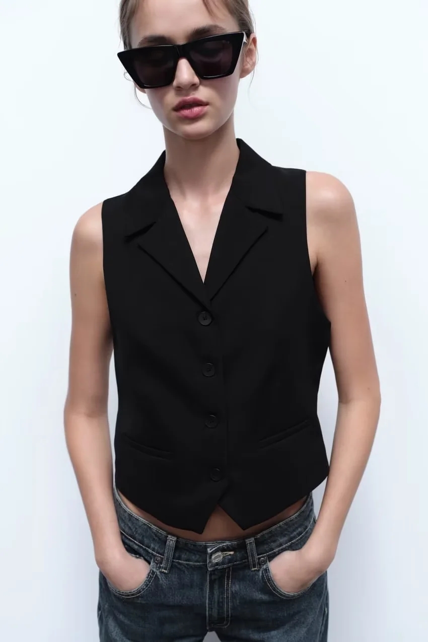 Fashion Black Polyester Lapel Buttoned Vest Jacket,Coat-Jacket