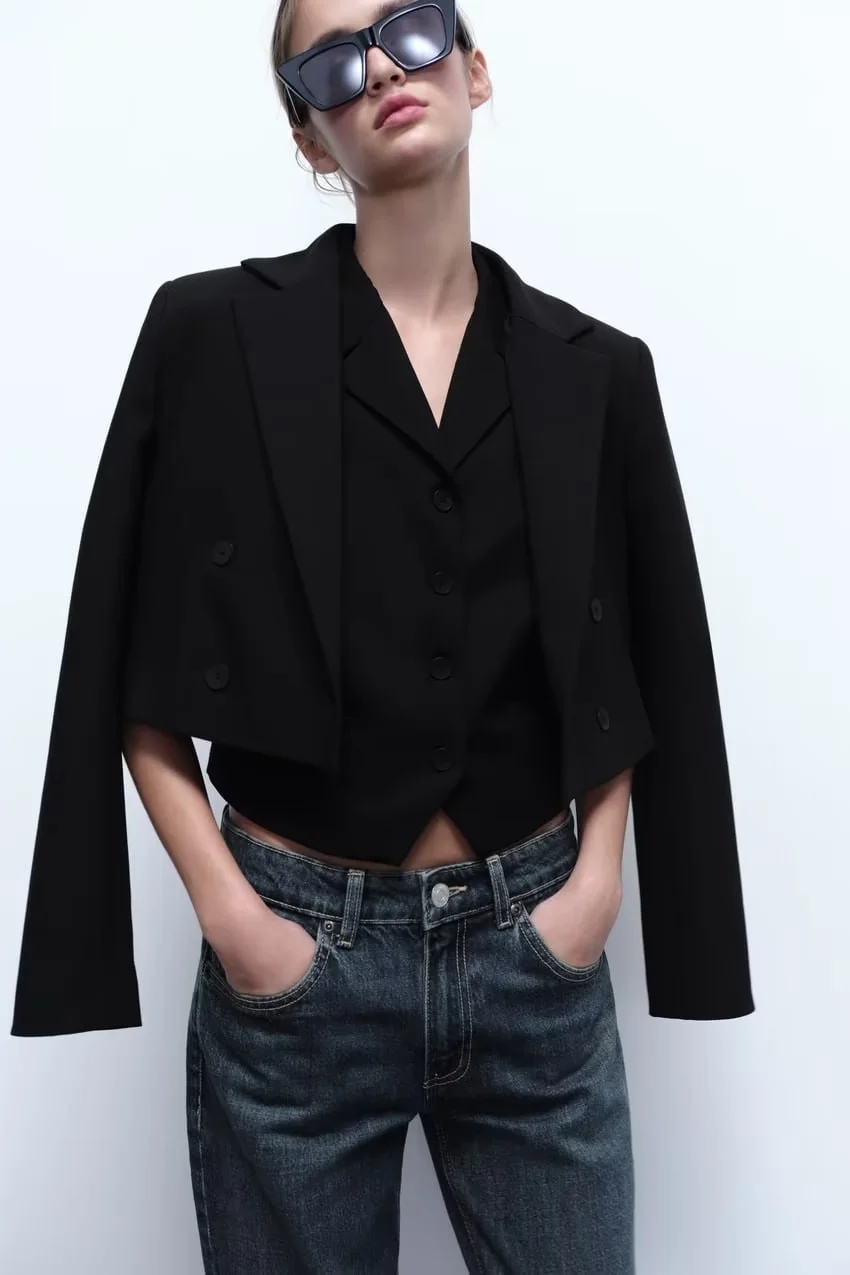 Fashion Black Polyester Lapel Buttoned Vest Jacket,Coat-Jacket