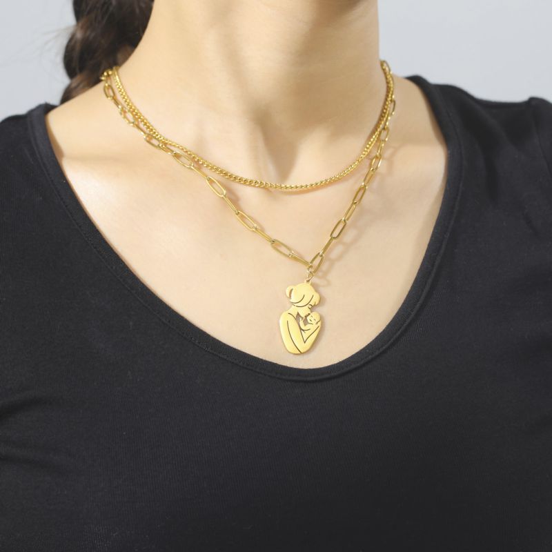 Fashion Gold Stainless Steel Mother And Child Double Chain Necklace,Necklaces