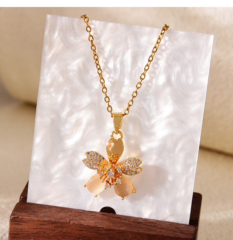 Fashion Gold Titanium Steel With Zirconium Flower Opal Pendant Necklace,Necklaces