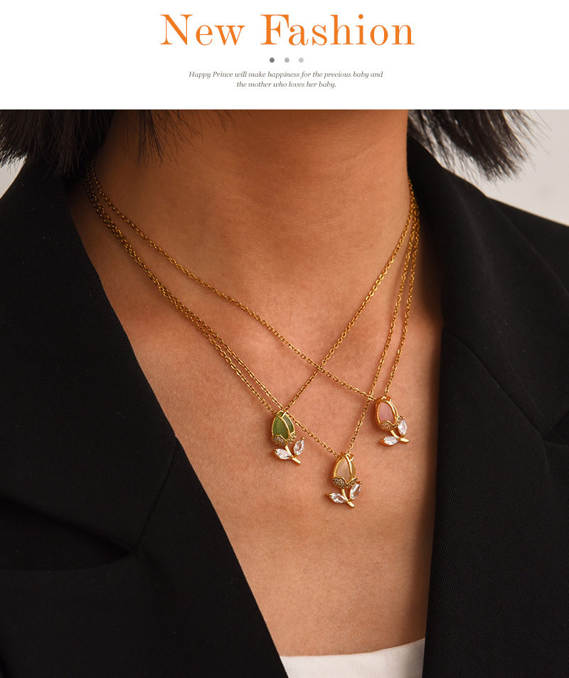 Fashion Pink Titanium Steel With Zirconium Flower Opal Pendant Necklace,Necklaces