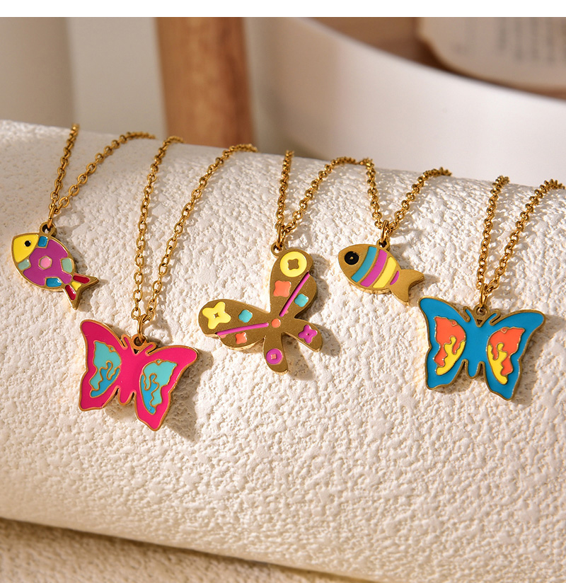 Fashion Golden 3 Titanium Steel Drop Oil Contrast Color Butterfly Pendant Necklace,Necklaces