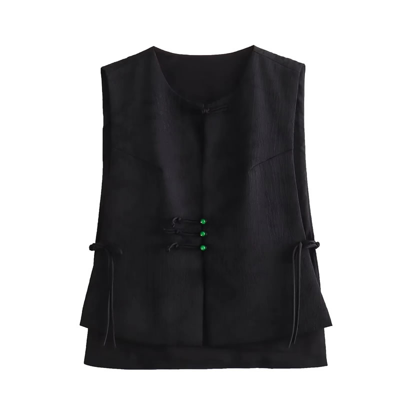 Fashion Black Satin Disc-button Sleeveless Vest,Coat-Jacket