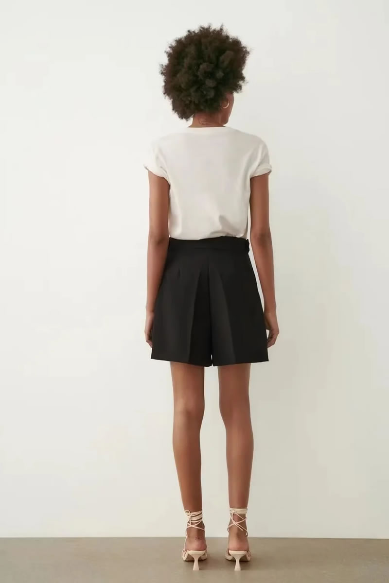 Fashion Black Drapey Pleated High-waisted Shorts,Shorts