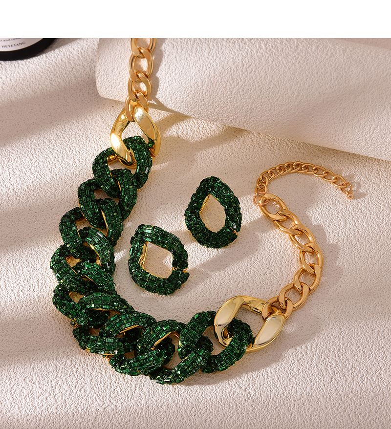 Fashion Dark Green Resin-encrusted Diamond Thick Chain Twist Necklace And Earring Set 3-piece Set,Jewelry Sets