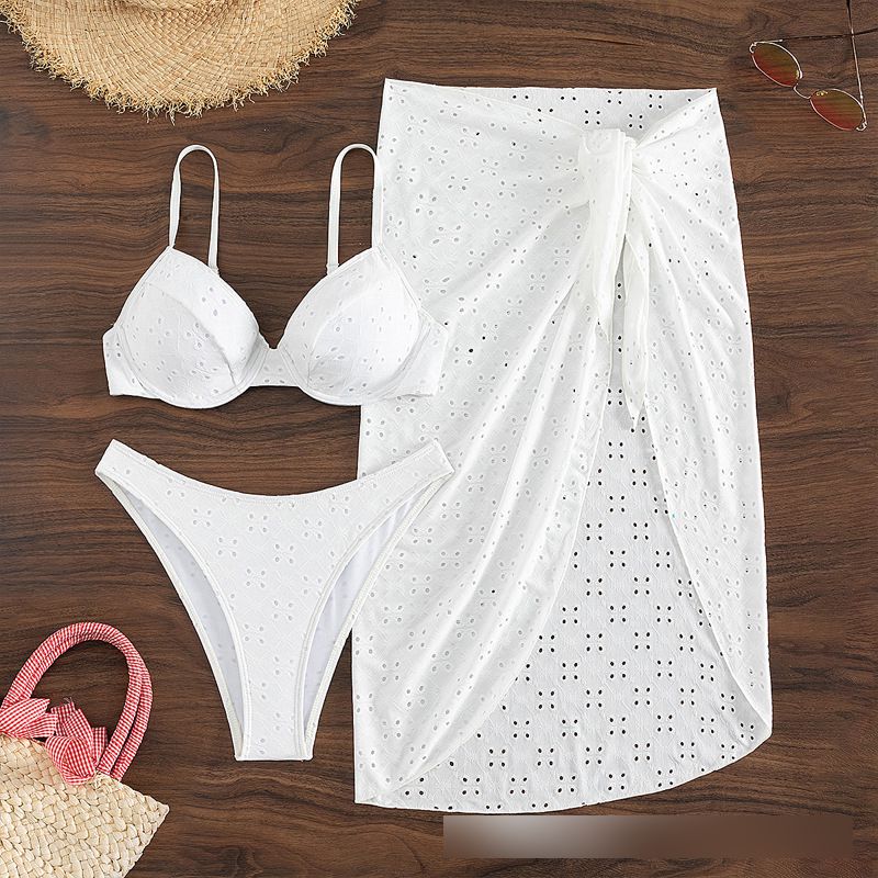 Fashion White Polyester Hollow Split Swimsuit Bikini Three-piece Set,Bikini Sets