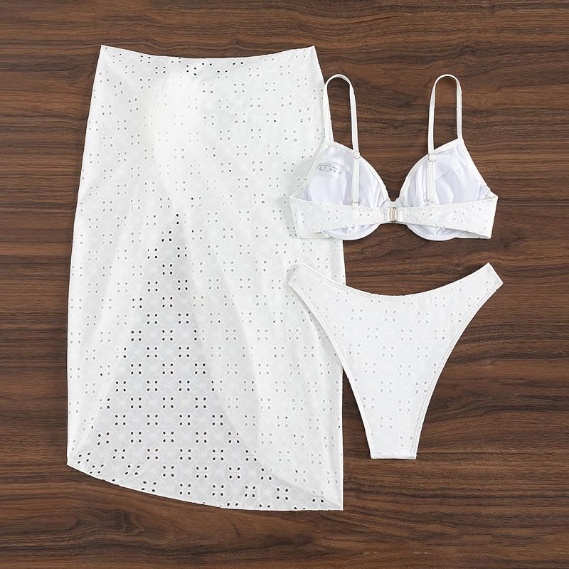 Fashion White Polyester Hollow Split Swimsuit Bikini Three-piece Set,Bikini Sets