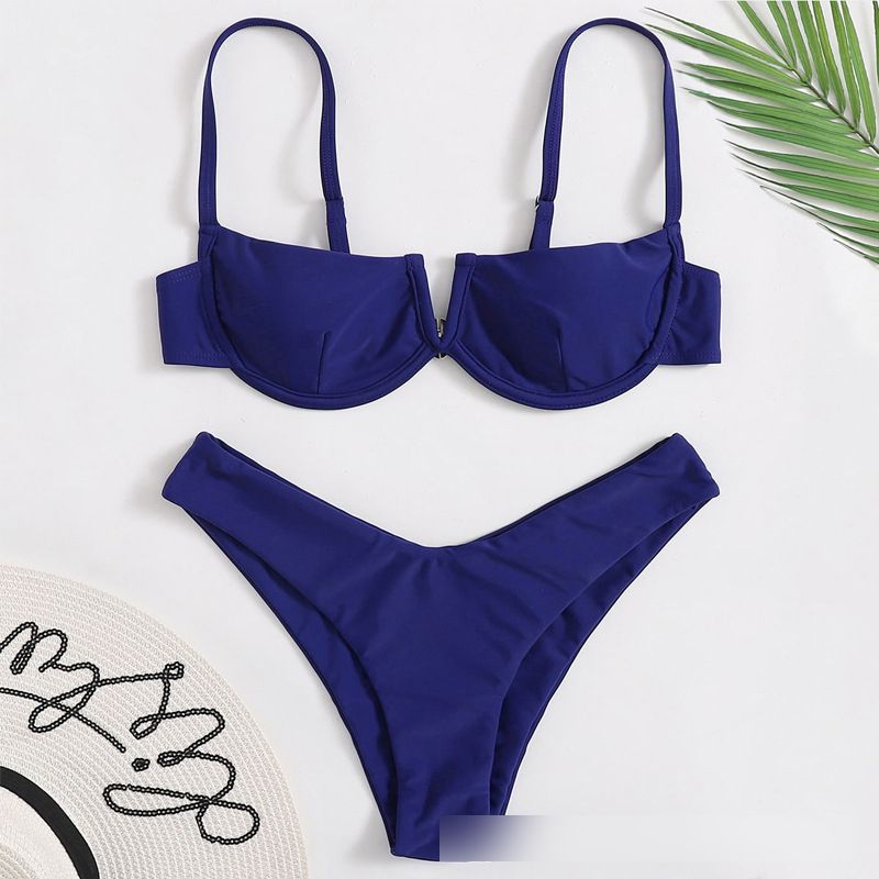 Fashion Navy Blue Nylon V-neck Split Swimsuit Bikini,Bikini Sets
