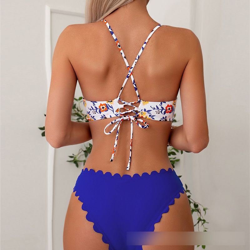 Fashion Blue Polyester Lace High-waisted One-piece Swimsuit Bikini,Bikini Sets