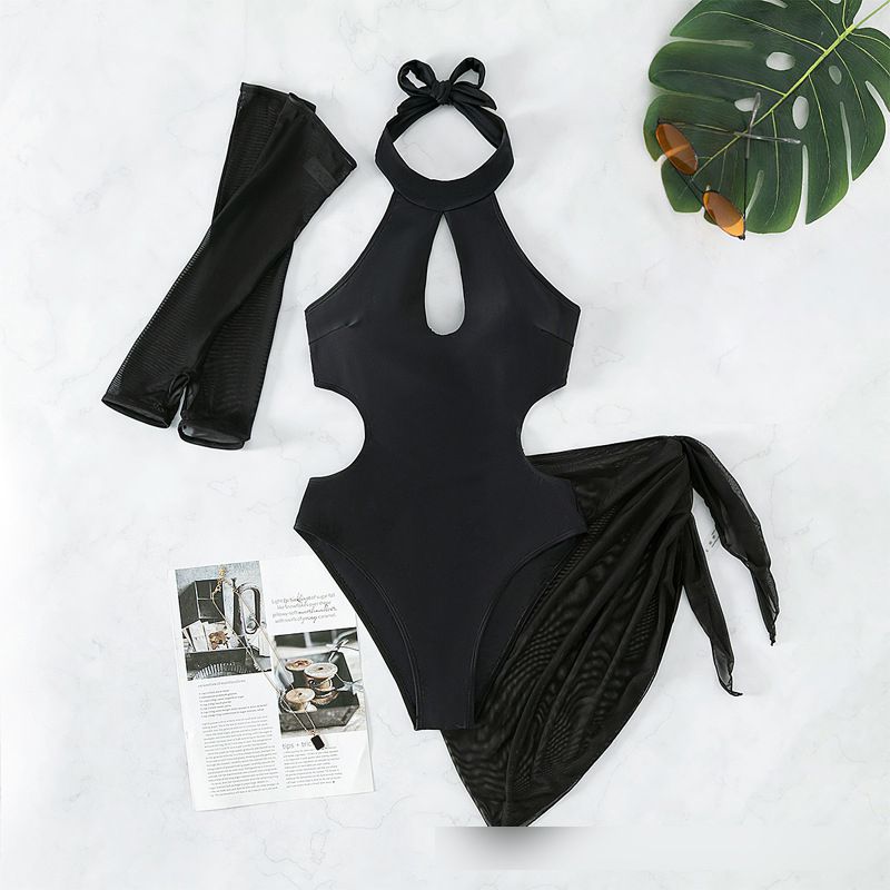 Fashion Black Nylon One-piece Hollow One-piece Swimsuit Two-piece Set,One Pieces