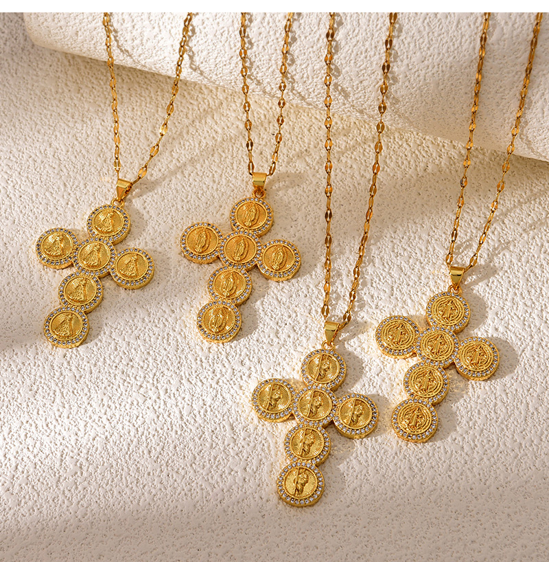 Fashion Golden 1 Titanium Steel Inlaid With Zirconium Cross Portrait Pendant Necklace,Necklaces