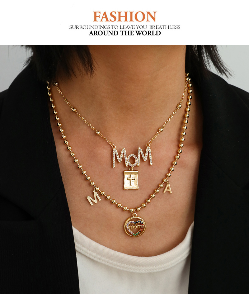 Fashion Gold Copper Inlaid Zircon Letter Mama Cross Pendant Bead Necklace,Necklaces