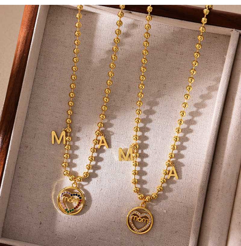 Fashion Gold Copper Inlaid Zircon Love Letter Mom Pendant Bead Necklace (3mm),Necklaces