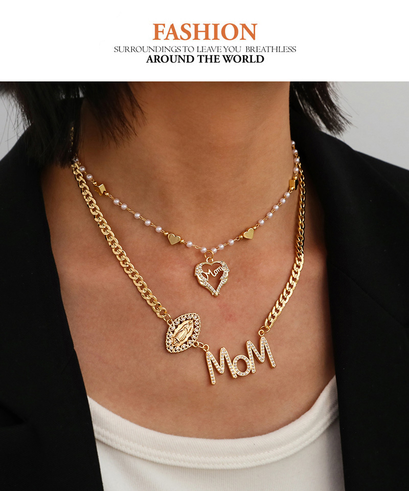 Fashion Gold Copper Inlaid Zircon Love Letter Mom Pearl Pendant Bead Necklace,Necklaces