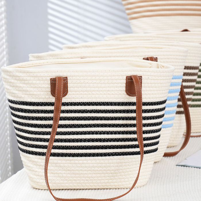 Fashion Khaki Stripes Striped Cotton Rope Woven Shoulder Bag,Messenger bags