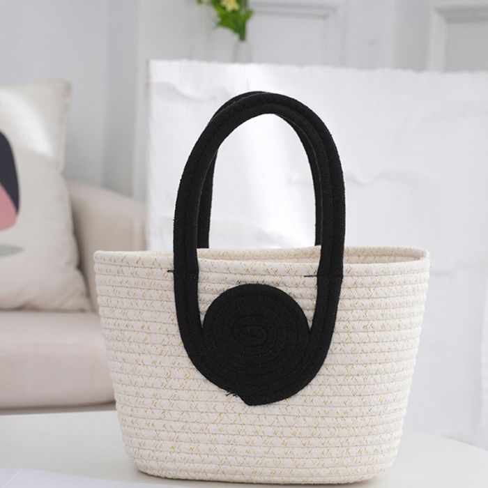 Fashion White Black Handle Cotton Woven Large Capacity Handbag,Handbags