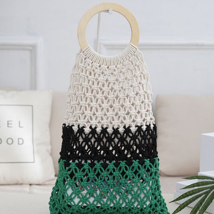 Fashion Green Colorblock Cotton Rope Woven Hollow Tote Bag,Handbags