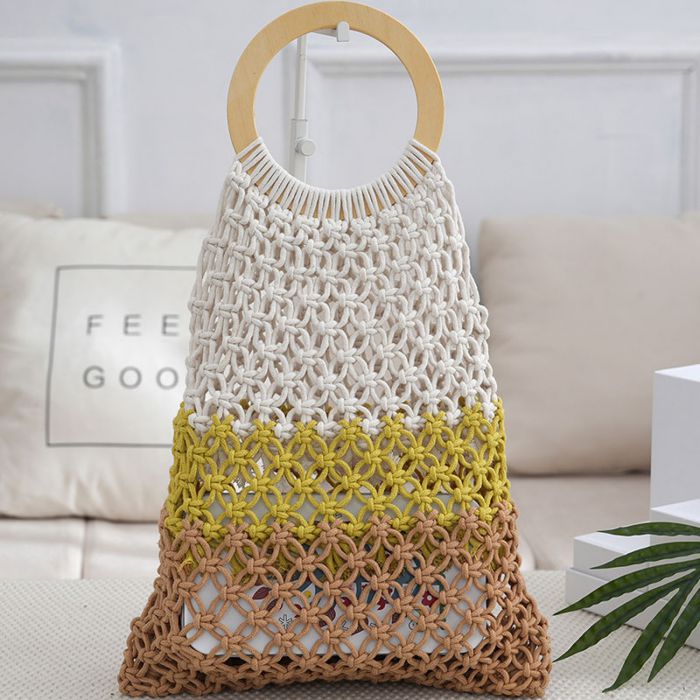 Fashion Pink Colorblock Cotton Rope Woven Hollow Tote Bag,Handbags