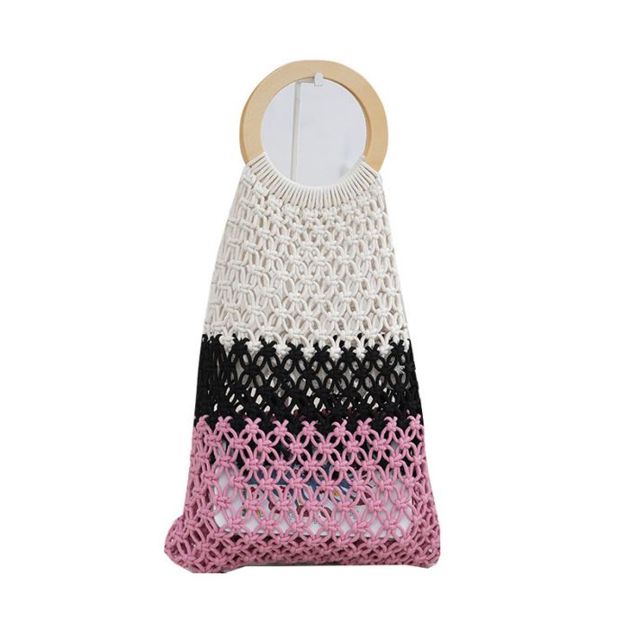 Fashion Pink Colorblock Cotton Rope Woven Hollow Tote Bag,Handbags